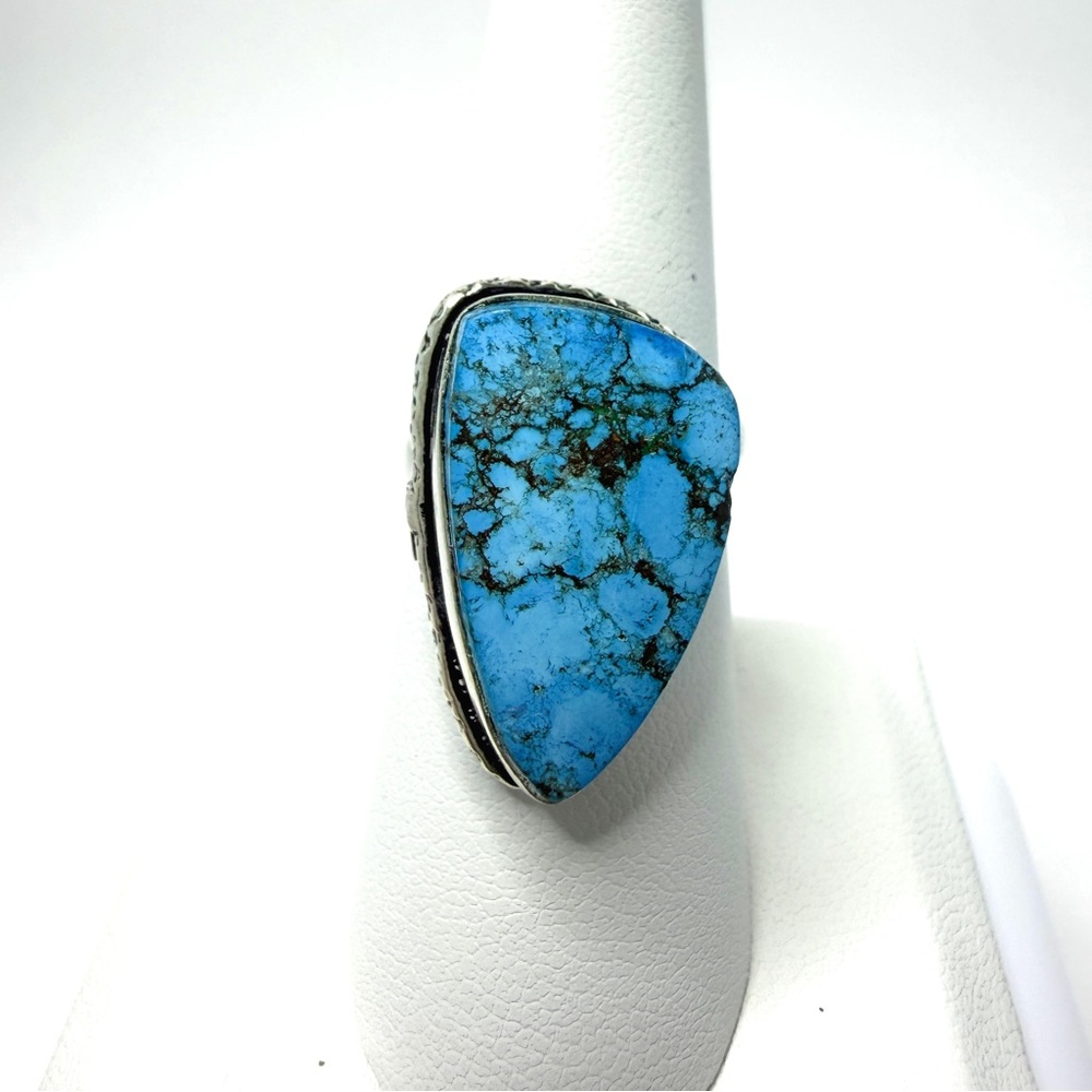 Turquoise gemstone, silver overlay ring stamped 925‎  oval adjustable 5-8